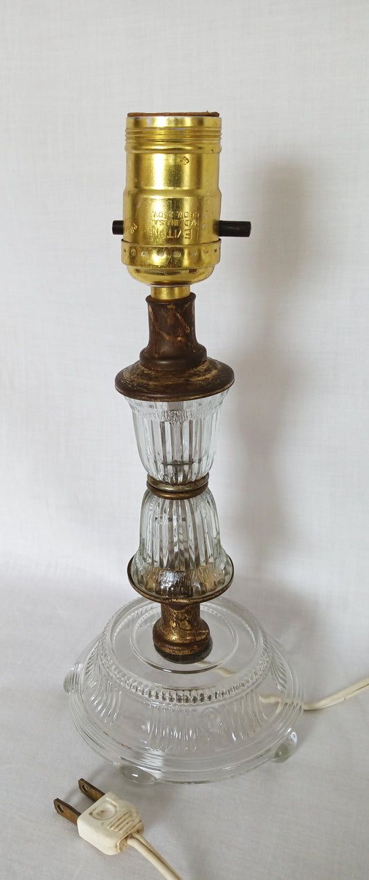 Vintage Mid Century Clear Pressed Glass Candlestick Footed Small Lamp Vanity Table Nightstand Lamp Retro Lighting