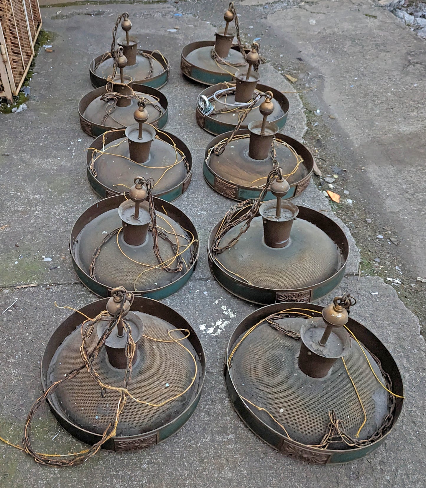 Lot of 10 Vintage Antique Old 24" Round Circular Hanging Ceiling Church Light Chandelier Lamp Fixtures Salvaged Reclaimed Lighting