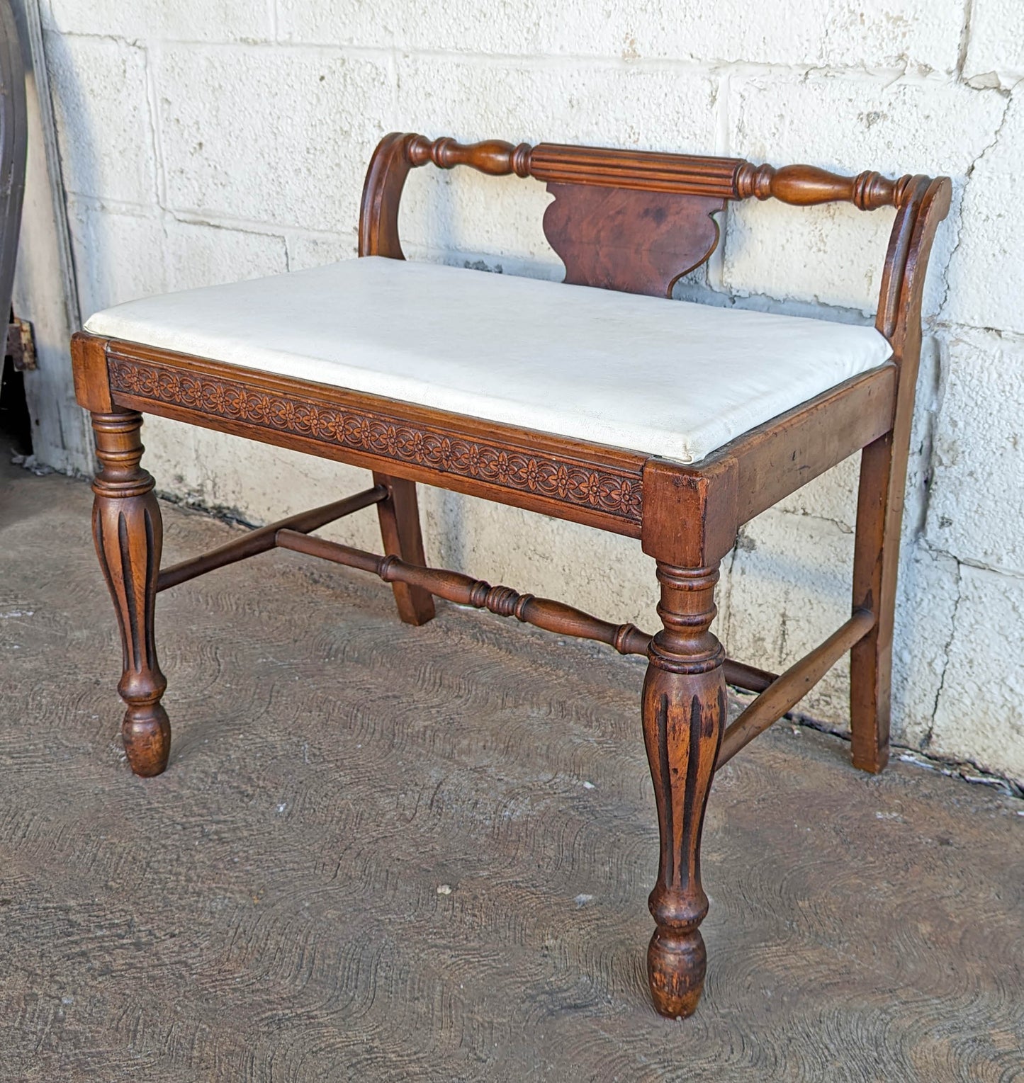 Antique Vintage Old Victorian Carved SOLID Wood Wooden Bench Settee Chair Stool White Vinyl Fabric Seat