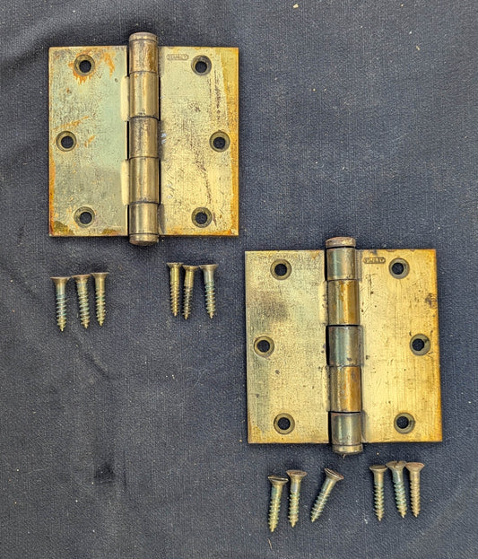3 available Pair 3.5"x3.5" Vintage Old "Stanley" Brass Steel Interior Exterior Entry Door Hinges Butt Flat End Tip