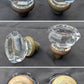 RARE! Pair Antique Vintage Old Salvaged Reclaimed Sunken Recessed Center Octagonal Glass Doorknobs Door Knobs Brass Round Plates Rosettes