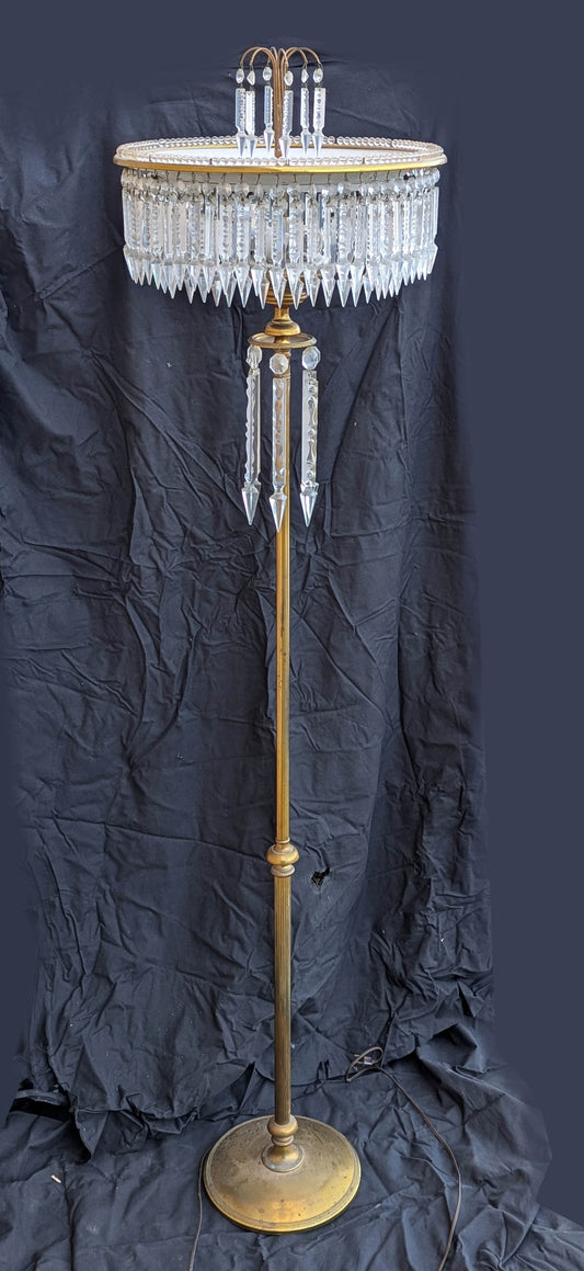 68" Antique Vintage Old Solid Brass Standing Floor Lamp 4-way Light Sockets 300+ Dangling Etched Cut Crystal Beads Pendants