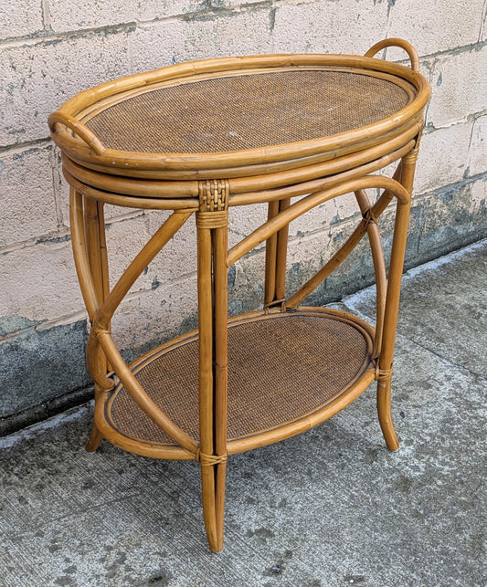 Oval Vintage Old MCM Mid Century Modern Bent Bamboo Wood Wooden 2 Tier End Accent Side Serving Tray Butler Table Rattan Seagrass