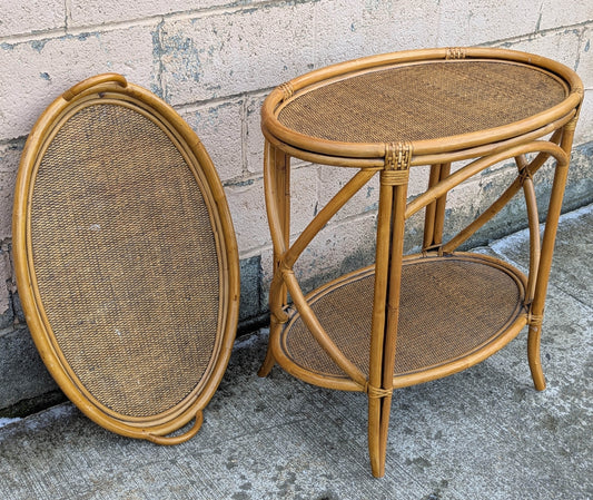 Oval Vintage Old MCM Mid Century Modern Bent Bamboo Wood Wooden 2 Tier End Accent Side Serving Tray Butler Table Rattan Seagrass