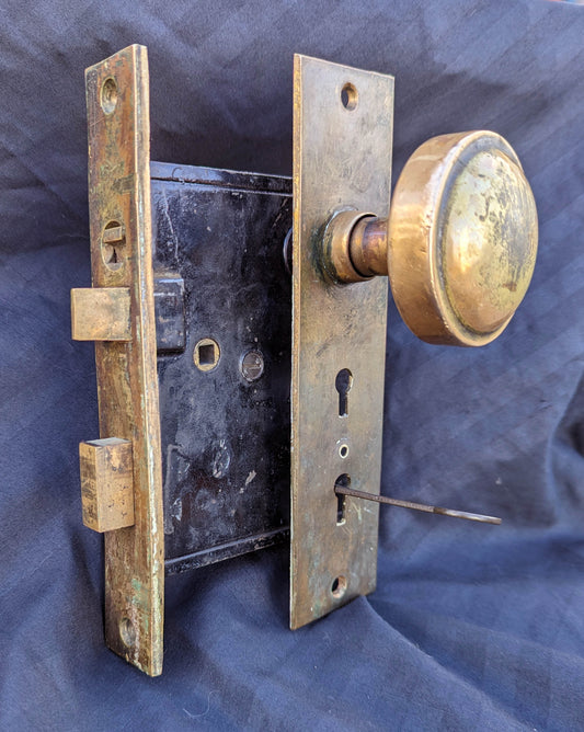 Antique Vintage Old Salvaged Reclaimed Victorian Bronze Brass Exterior Entry Door Lockset Knob Plate Lock Set Key