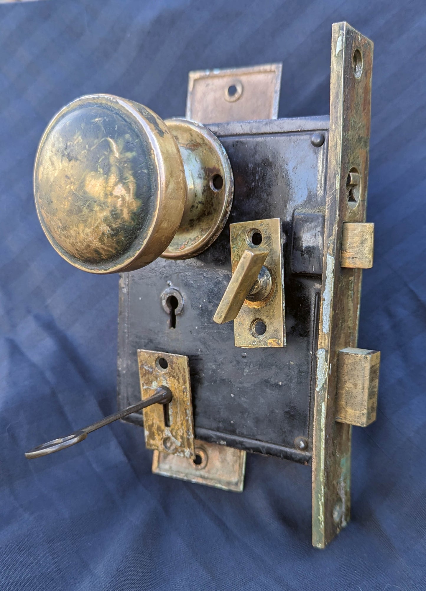 Antique Vintage Old Salvaged Reclaimed Victorian Bronze Brass Exterior Entry Door Lockset Knob Plate Lock Set Key