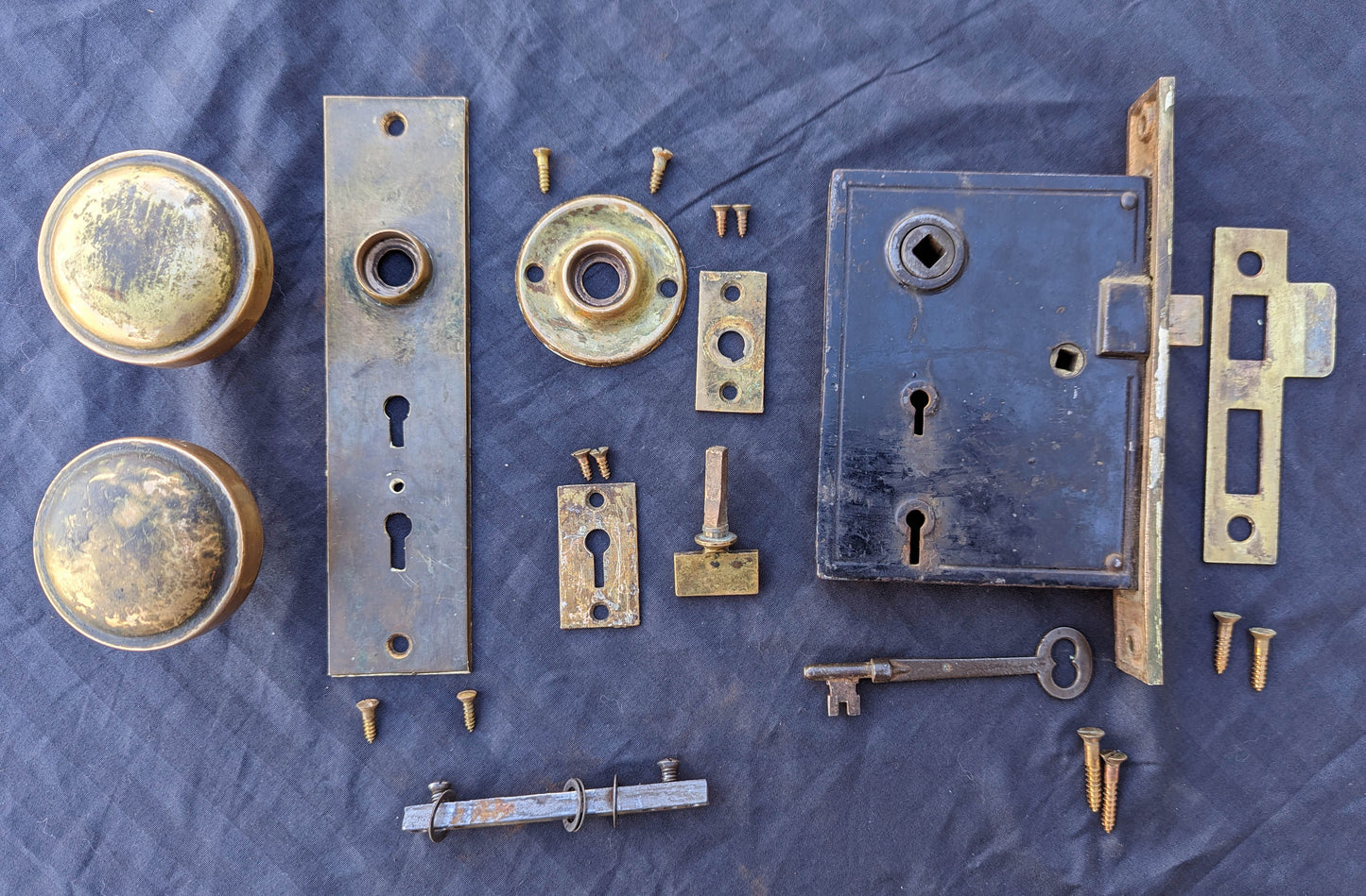 Antique Vintage Old Salvaged Reclaimed Victorian Bronze Brass Exterior Entry Door Lockset Knob Plate Lock Set Key