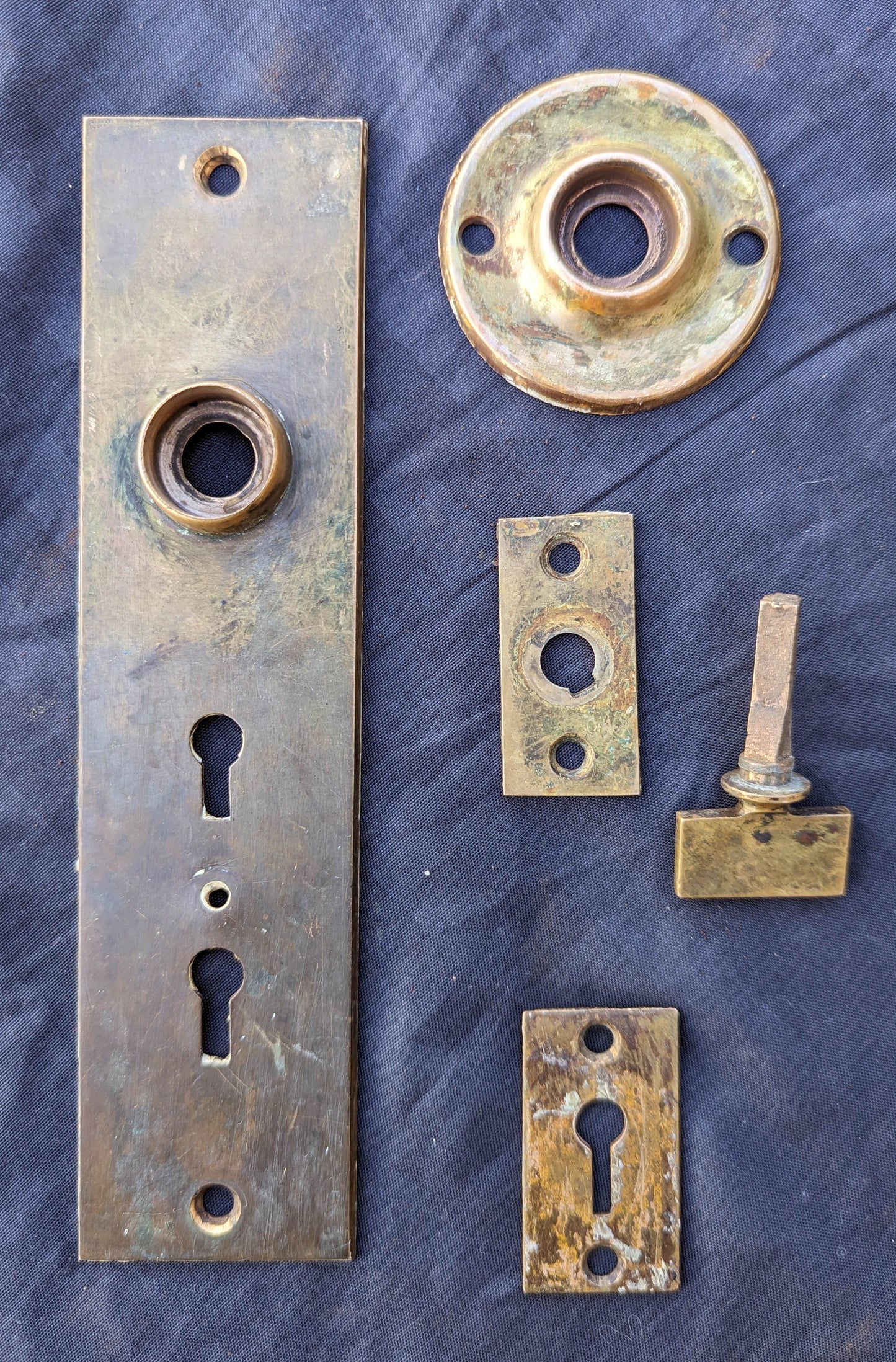 Antique Vintage Old Salvaged Reclaimed Victorian Bronze Brass Exterior Entry Door Lockset Knob Plate Lock Set Key