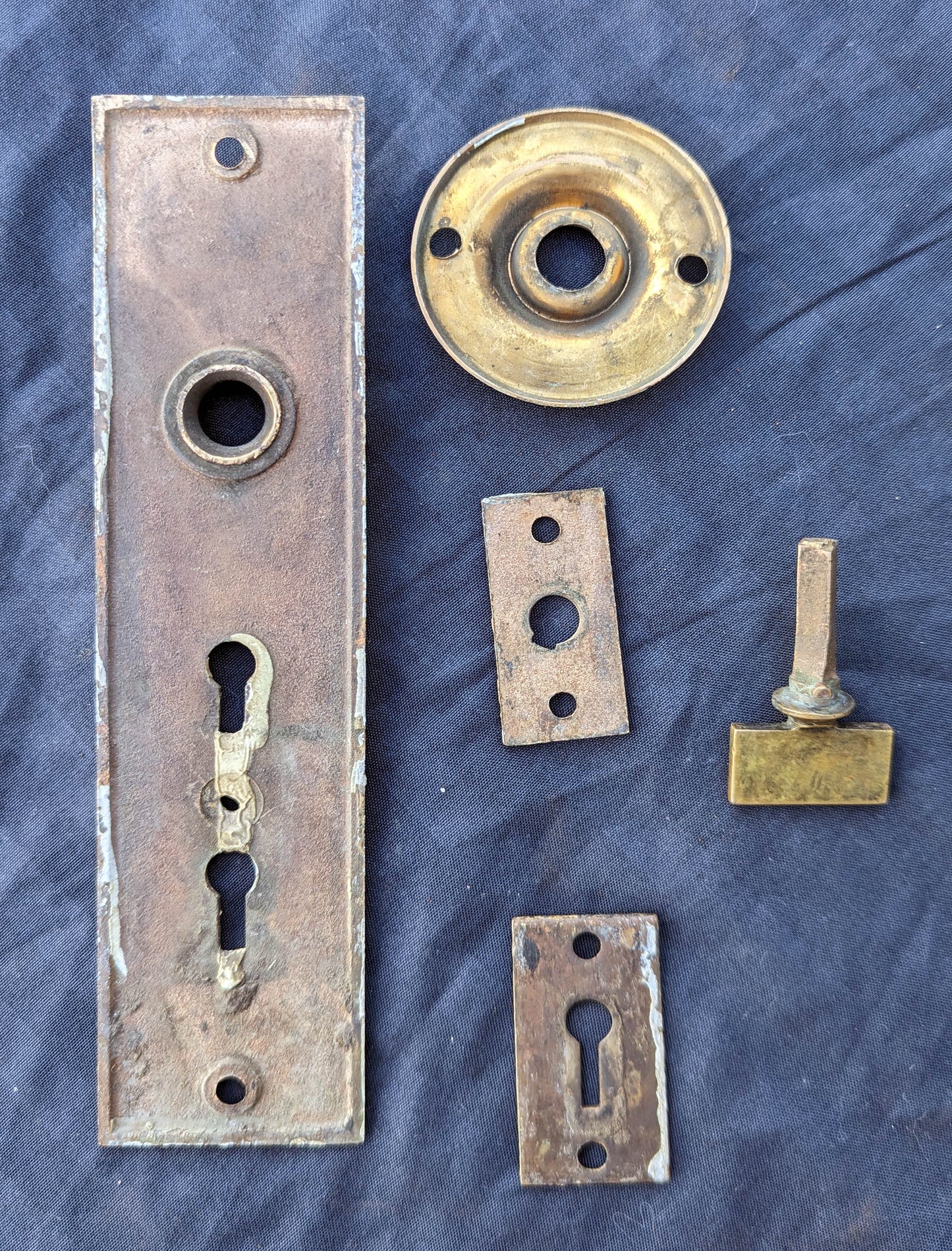Antique Vintage Old Salvaged Reclaimed Victorian Bronze Brass Exterior Entry Door Lockset Knob Plate Lock Set Key