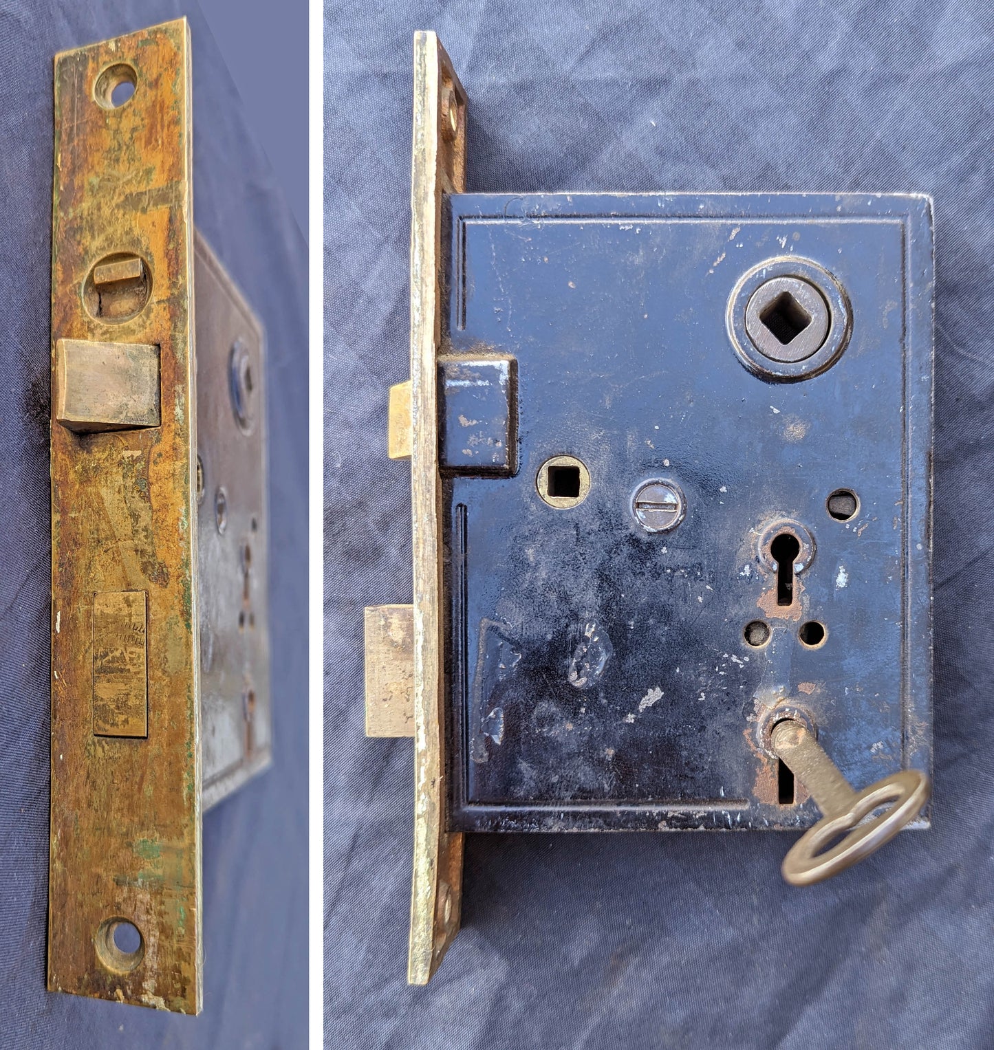 Antique Vintage Old Salvaged Reclaimed Victorian Bronze Brass Exterior Entry Door Lockset Knob Plate Lock Set Key