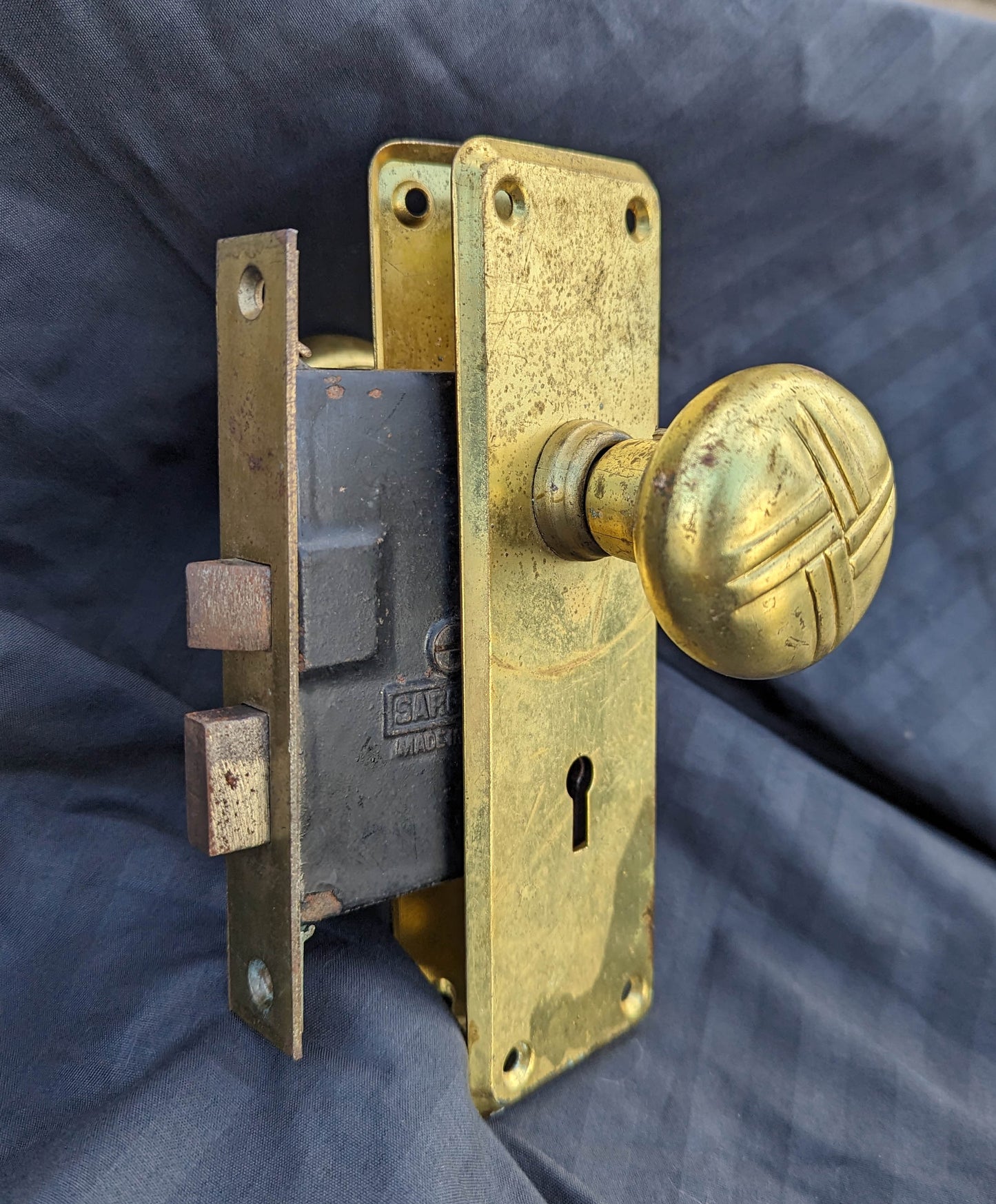 Vintage Antique Old Reclaimed Salvaged Solid Brass Interior Door Lockset Knob Plate Lock Arts & Crafts Style