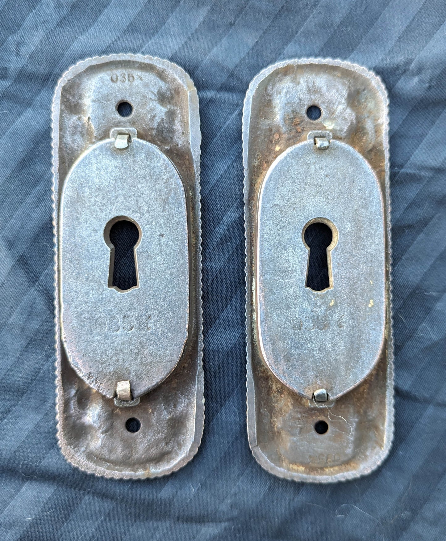 6 available RESTORED Pair 2"x6" Antique Vintage Old Victorian SOLID Copper Cast Iron Pocket Sliding Door Key Plate Pull Handle