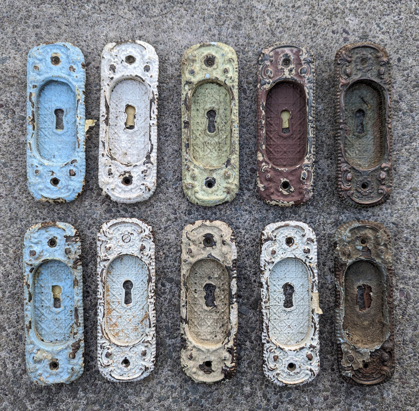 6 available RESTORED Pair 2"x6" Antique Vintage Old Victorian SOLID Copper Cast Iron Pocket Sliding Door Key Plate Pull Handle
