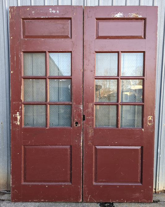 62"x90x2" Pair Antique Vintage Old Reclaimed Salvaged Wooden Door Window Chicken-Wire Glass