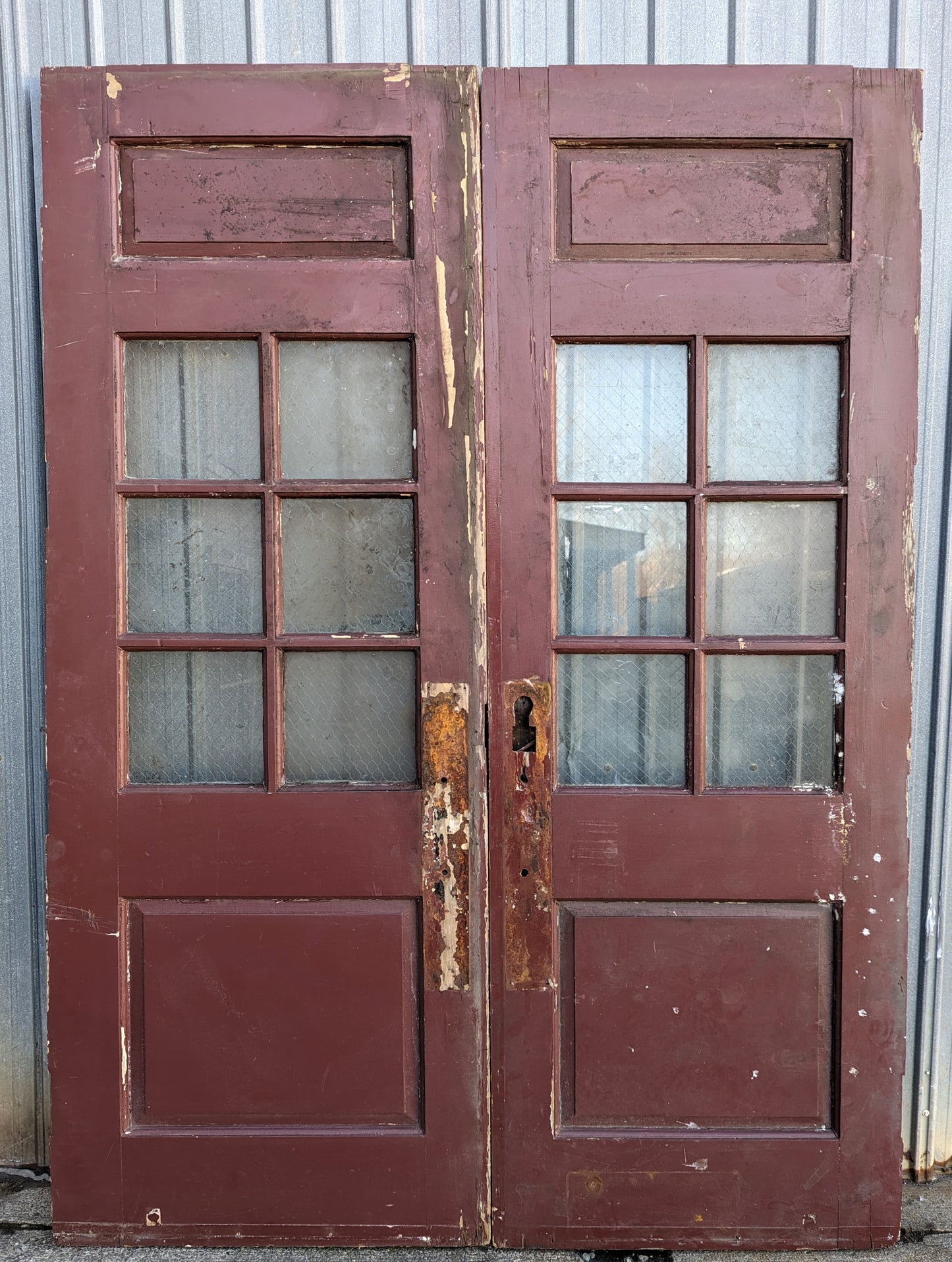 62"x90x2" Pair Antique Vintage Old Reclaimed Salvaged Wooden Door Window Chicken-Wire Glass