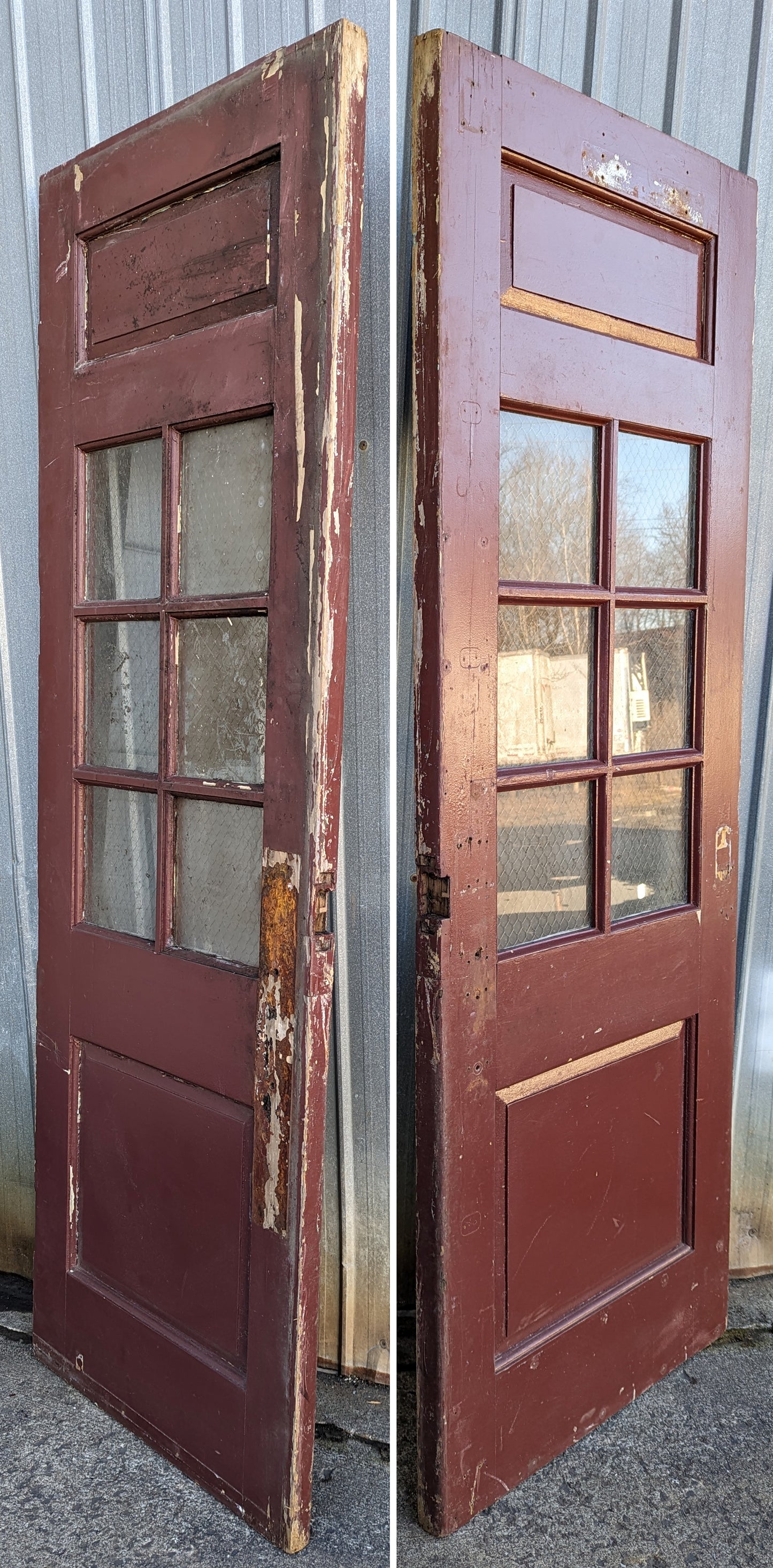 62"x90x2" Pair Antique Vintage Old Reclaimed Salvaged Wooden Door Window Chicken-Wire Glass