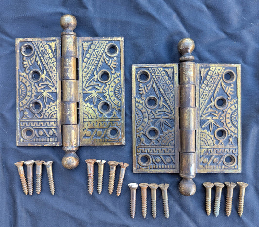Pair 4"x4" Antique Vintage Old Reclaimed Salvaged Eastlake Victorian Ornate Decorative BLW "Bamboo" Brass Cast Iron Exterior Door Hinges Ball Tip Finial