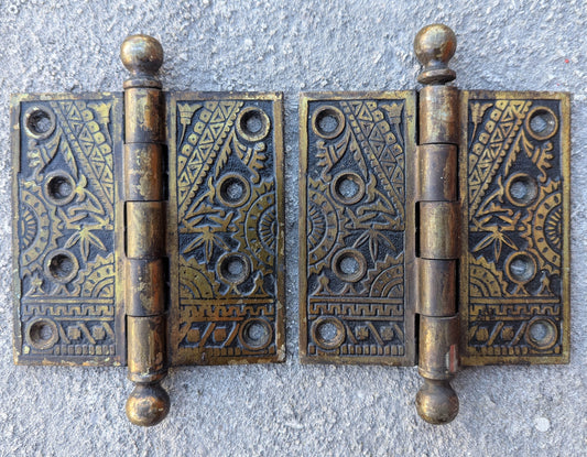 Pair 4"x4" Antique Vintage Old Reclaimed Salvaged Eastlake Victorian Ornate Decorative BLW "Bamboo" Brass Cast Iron Exterior Door Hinges Ball Tip Finial