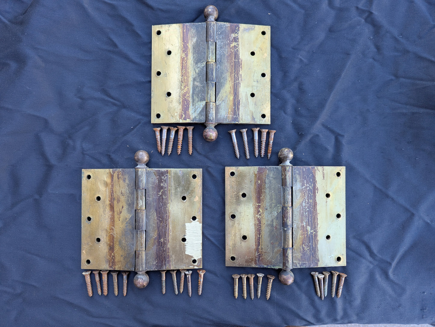 HEAVY! Pair 6"x5" Antique Vintage Old SOLID Brass Exterior Entry Door Ball Bearing Hinges Screws Reclaimed Salvaged Large Big