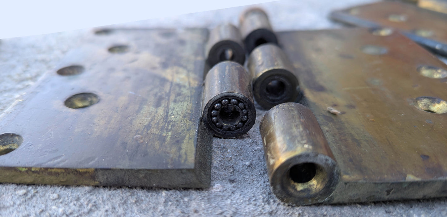 HEAVY! Pair 6"x5" Antique Vintage Old SOLID Brass Exterior Entry Door Ball Bearing Hinges Screws Reclaimed Salvaged Large Big