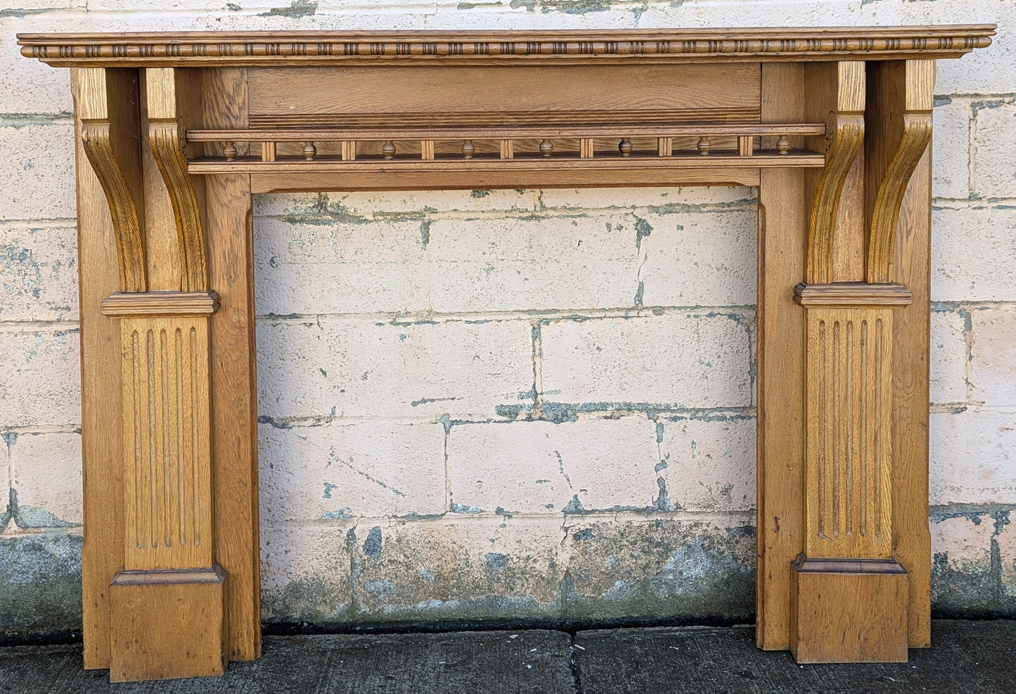 60"x46" Antique Vintage Old Salvaged Reclaimed Victorian Solid Oak Wood Wooden Fireplace Mantel Mantle Carvings