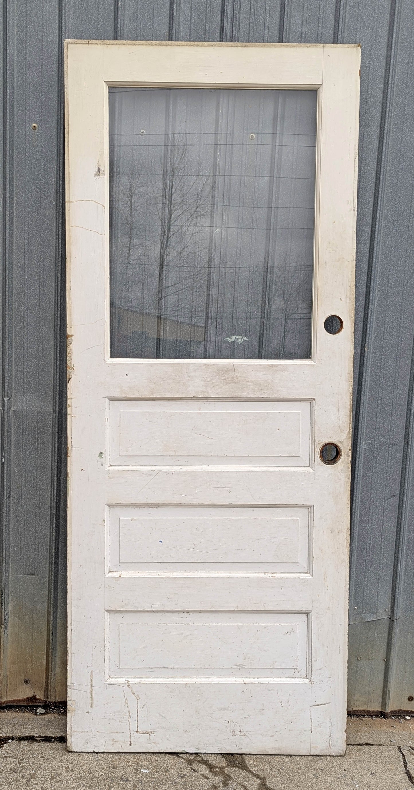 32"x79" Antique Vintage Old Reclaimed Salvaged SOLID Wood Wooden Back Side Entry Exterior Back Side Door 3 Raised Panels Single Window Glass