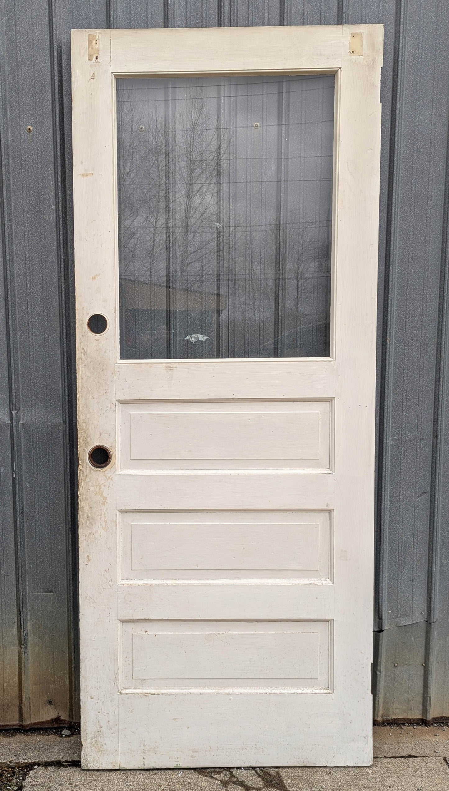 32"x79" Antique Vintage Old Reclaimed Salvaged SOLID Wood Wooden Back Side Entry Exterior Back Side Door 3 Raised Panels Single Window Glass