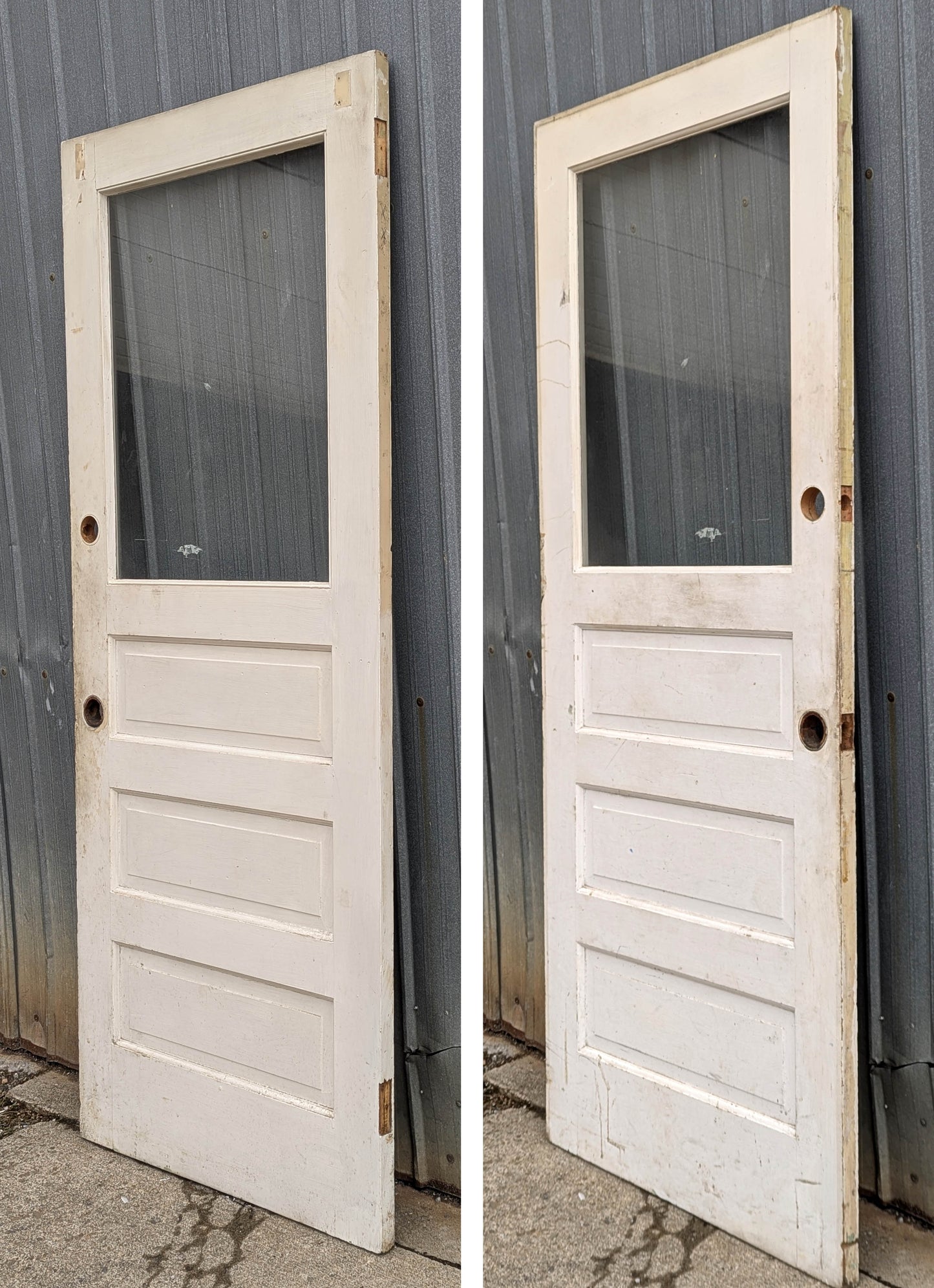 32"x79" Antique Vintage Old Reclaimed Salvaged SOLID Wood Wooden Back Side Entry Exterior Back Side Door 3 Raised Panels Single Window Glass