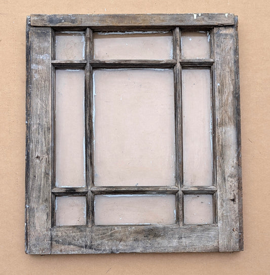 21"x23.5" Antique Vintage Old Reclaimed Salvaged Wood Wooden Sash Mission Style Window 9 Glass Lites Panes