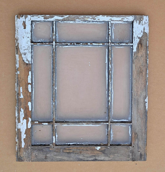 21"x23.5" Antique Vintage Old Reclaimed Salvaged Wood Wooden Sash Mission Style Window 9 Glass Lites Panes