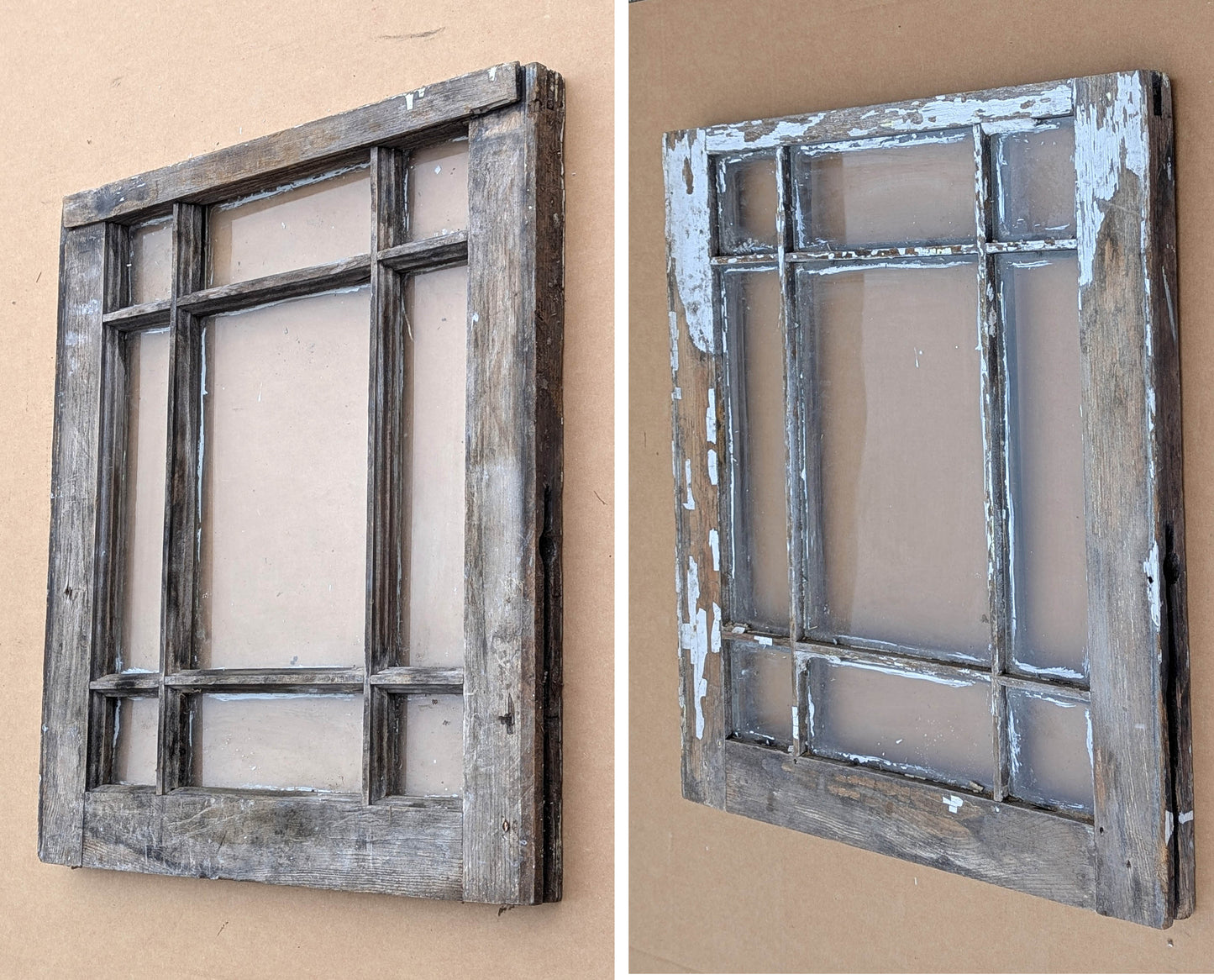 21"x23.5" Antique Vintage Old Reclaimed Salvaged Wood Wooden Sash Mission Style Window 9 Glass Lites Panes