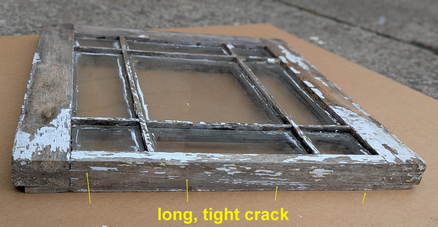 21"x23.5" Antique Vintage Old Reclaimed Salvaged Wood Wooden Sash Mission Style Window 9 Glass Lites Panes