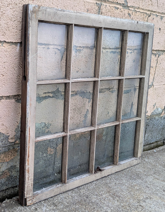 34"x31" Antique Vintage Old Reclaimed Salvaged SOLID Wood Wooden Sash Window 12 Wavy Glass Lites Panes