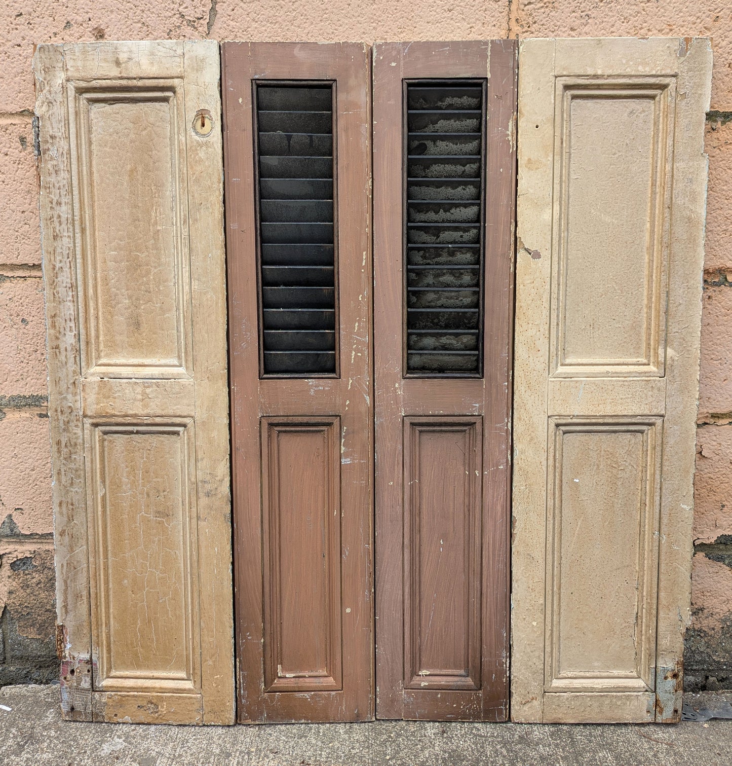 2 available Pair 35.5"x37.5" Antique Vintage Old SOLID Wood Wooden Bifold Window Shutter Plantation Style Adjustable Louvers Panels