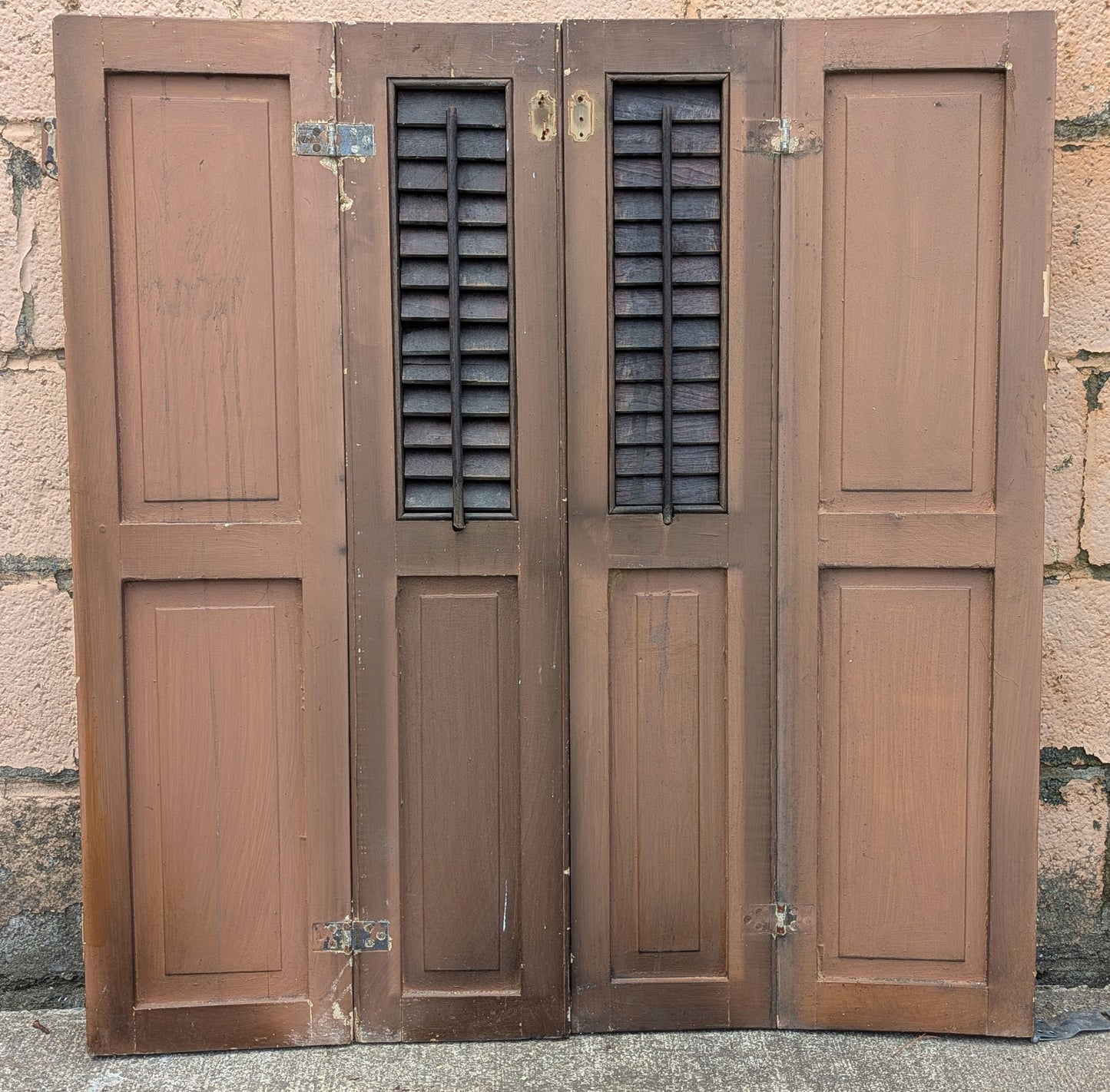 2 available Pair 35.5"x37.5" Antique Vintage Old SOLID Wood Wooden Bifold Window Shutter Plantation Style Adjustable Louvers Panels