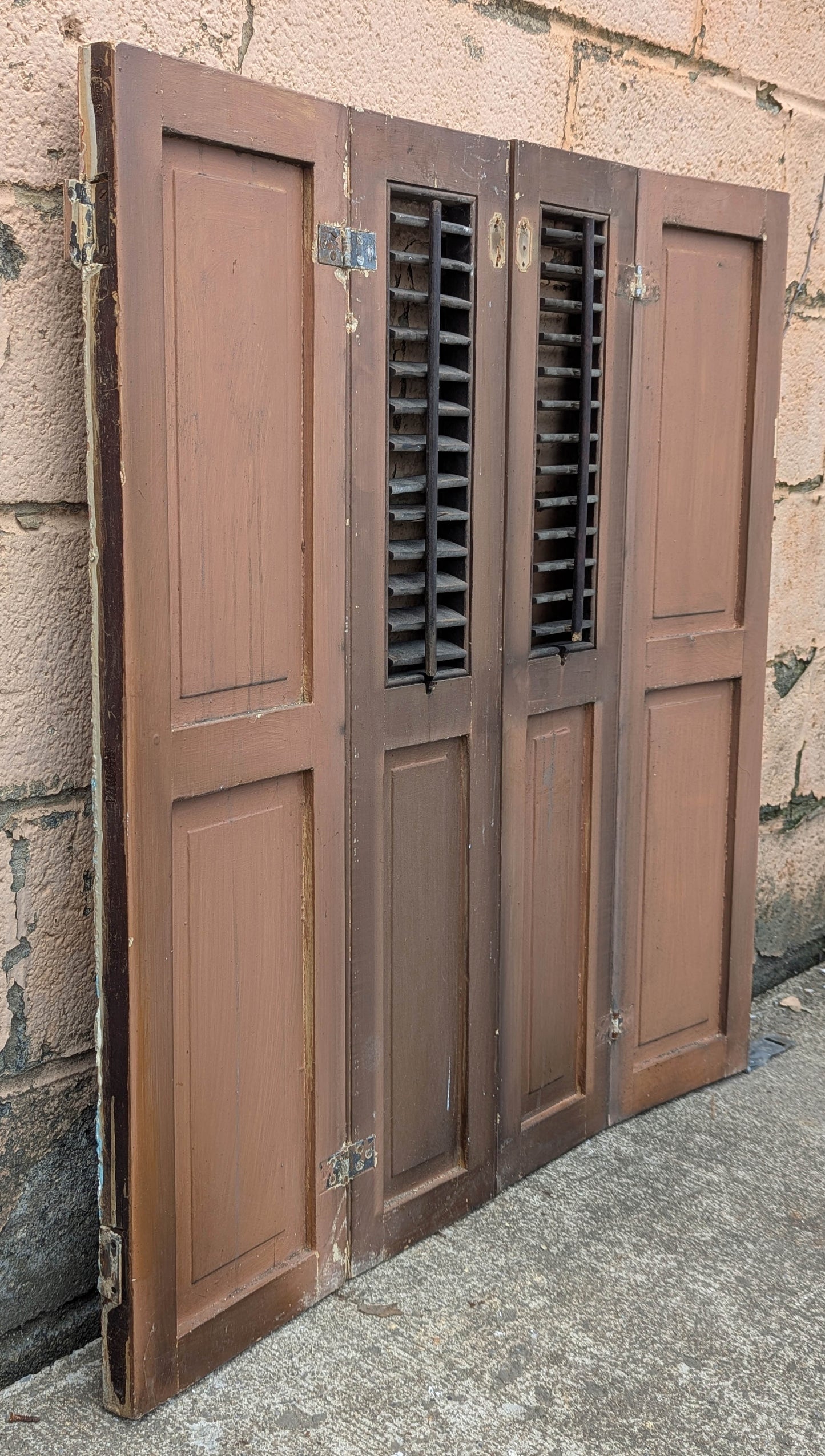2 available Pair 35.5"x37.5" Antique Vintage Old SOLID Wood Wooden Bifold Window Shutter Plantation Style Adjustable Louvers Panels