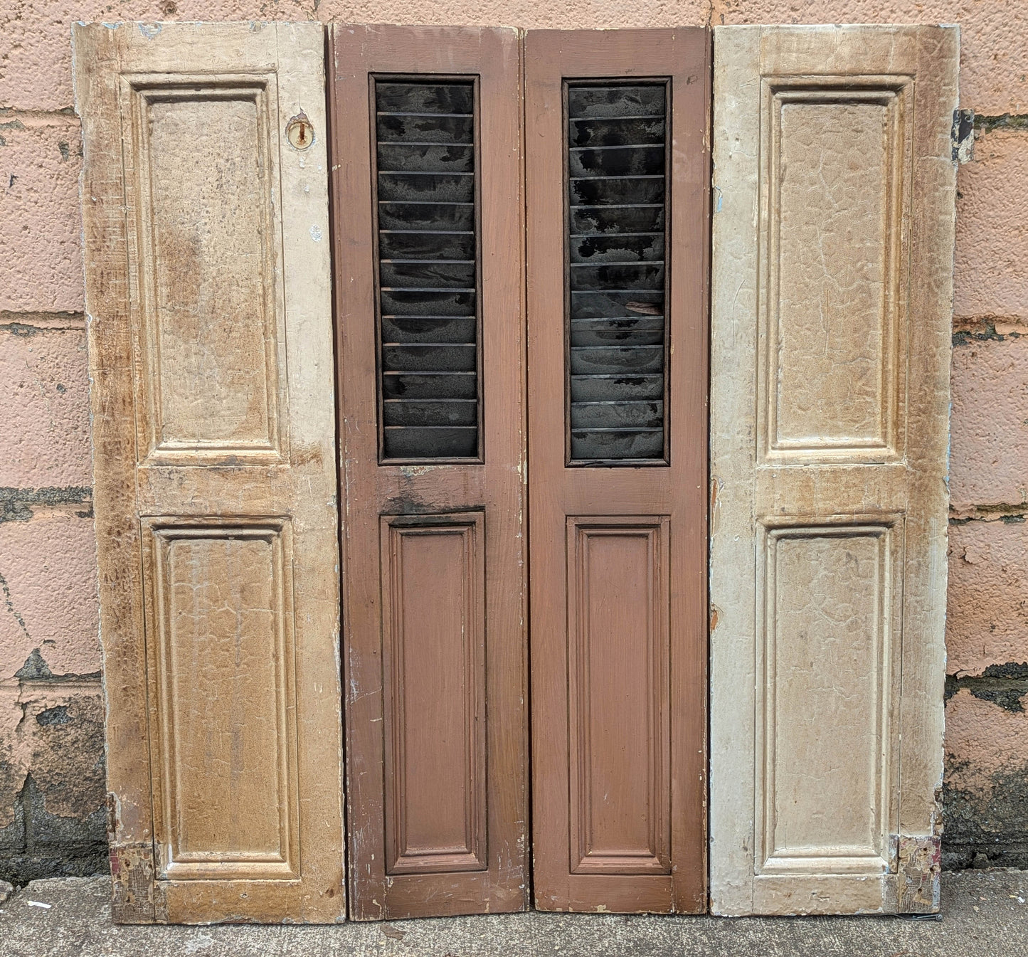2 available Pair 35.5"x37.5" Antique Vintage Old SOLID Wood Wooden Bifold Window Shutter Plantation Style Adjustable Louvers Panels