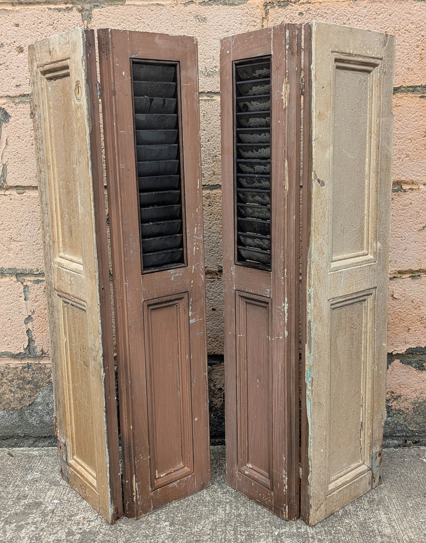 2 available Pair 35.5"x37.5" Antique Vintage Old SOLID Wood Wooden Bifold Window Shutter Plantation Style Adjustable Louvers Panels