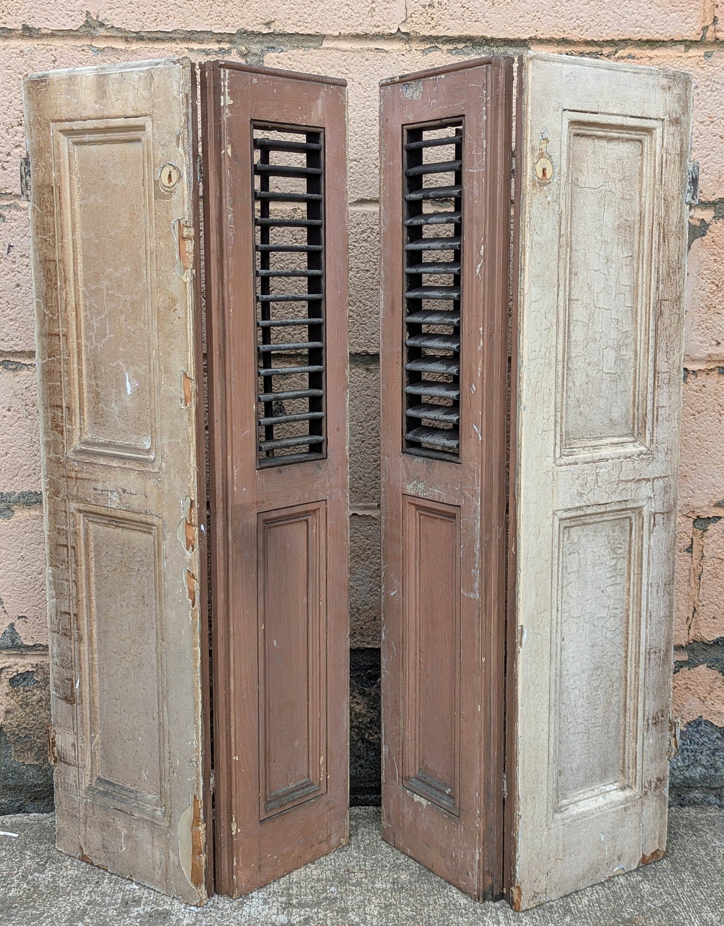 2 available Pair 35.5"x39.5" Antique Vintage Old SOLID Wood Wooden Bifold Window Shutter Plantation Style Adjustable Louvers Panels