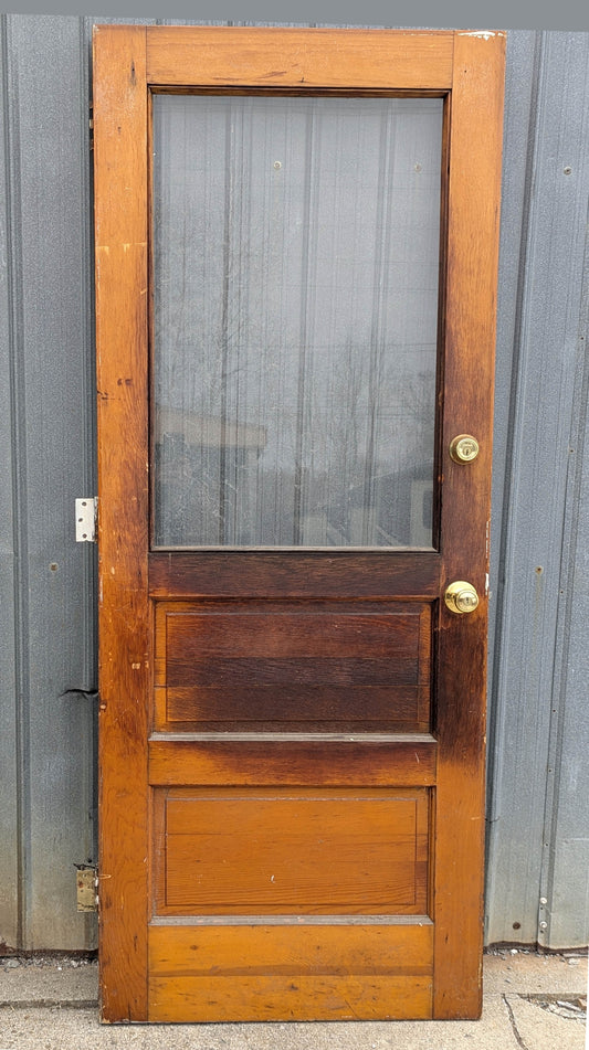32"x79"x1.75" Vintage MCM Antique Old Reclaimed Salvaged SOLID Wood Wooden Entry Exterior Back Side Office School Door 2 Raised Panels Single Window Glass Lite Pane