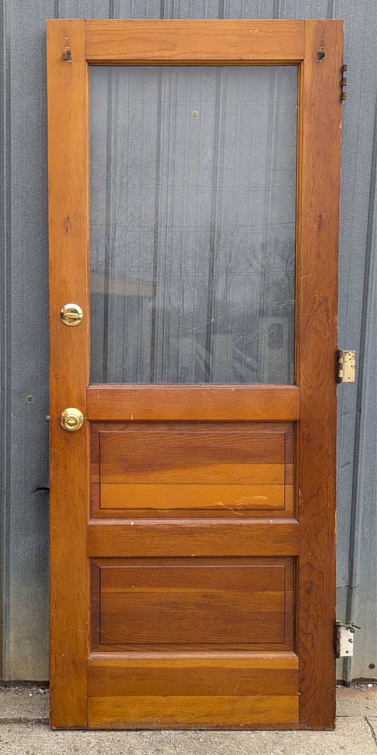 32"x79"x1.75" Vintage MCM Antique Old Reclaimed Salvaged SOLID Wood Wooden Entry Exterior Back Side Office School Door 2 Raised Panels Single Window Glass Lite Pane
