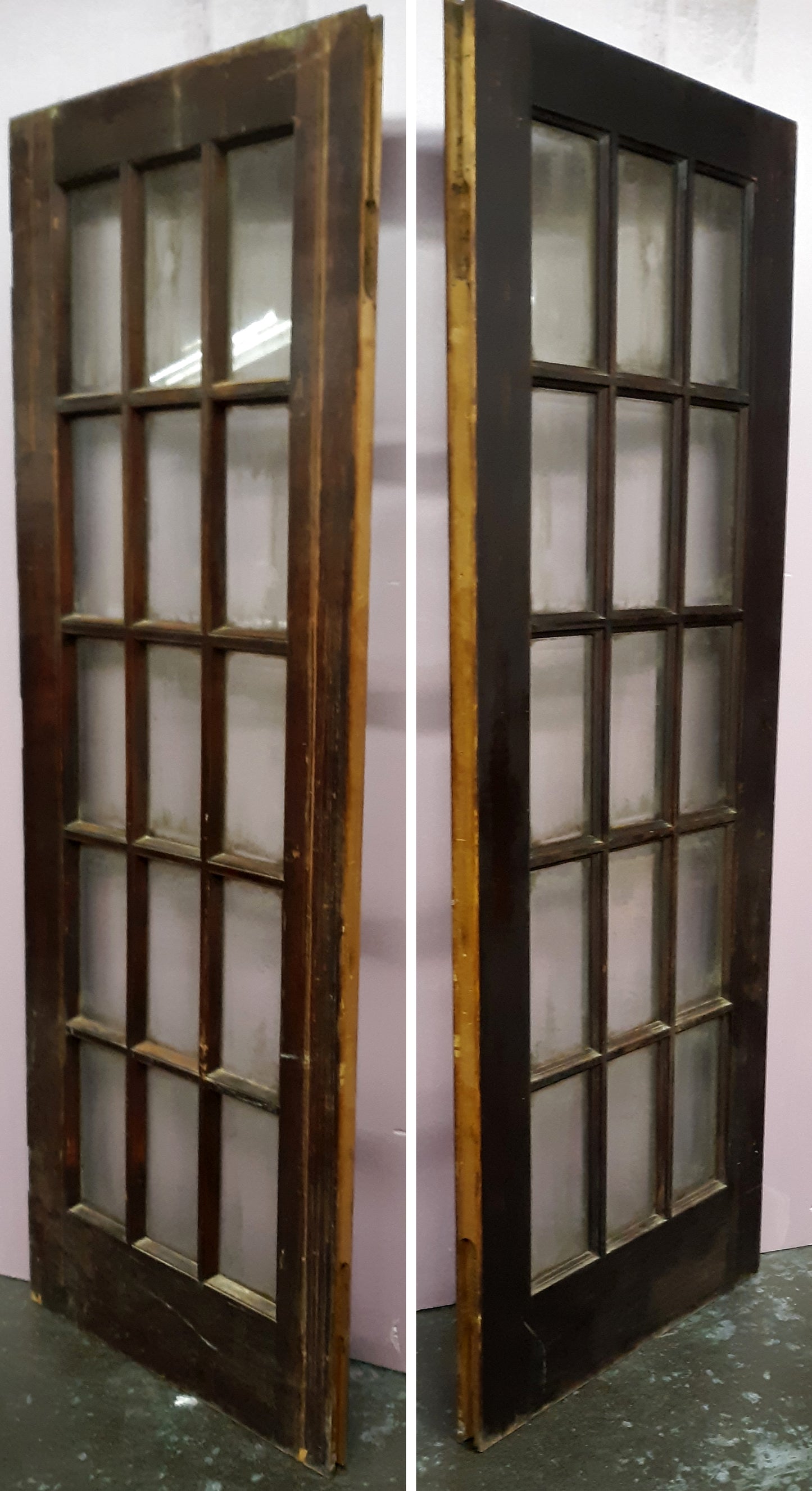 30"x84"x1.75" Antique Vintage Old Reclaimed Salvaged Wood Exterior French Door Window Beveled Glass