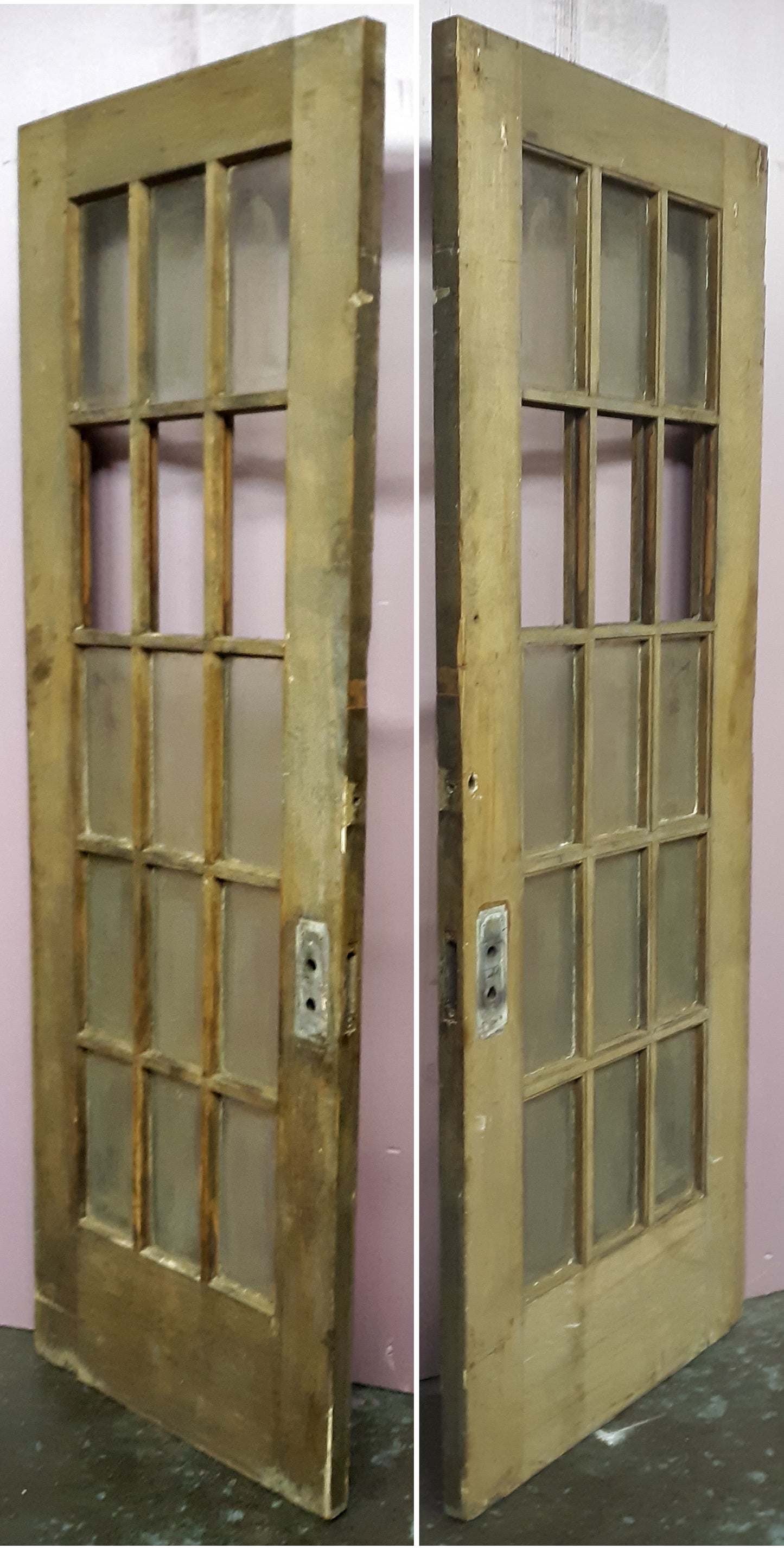 30"x84"x1.75" Antique Vintage Old Reclaimed Salvaged Wood Exterior French Door Window Beveled Glass
