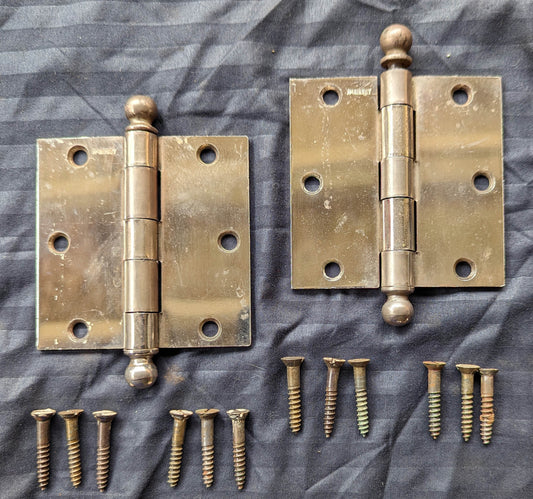 2 Pair available 3.5"x3.5" Antique Vintage Old Reclaimed Salvaged Steel Chrome Ball Tip Finial Interior Door Hinges Screws