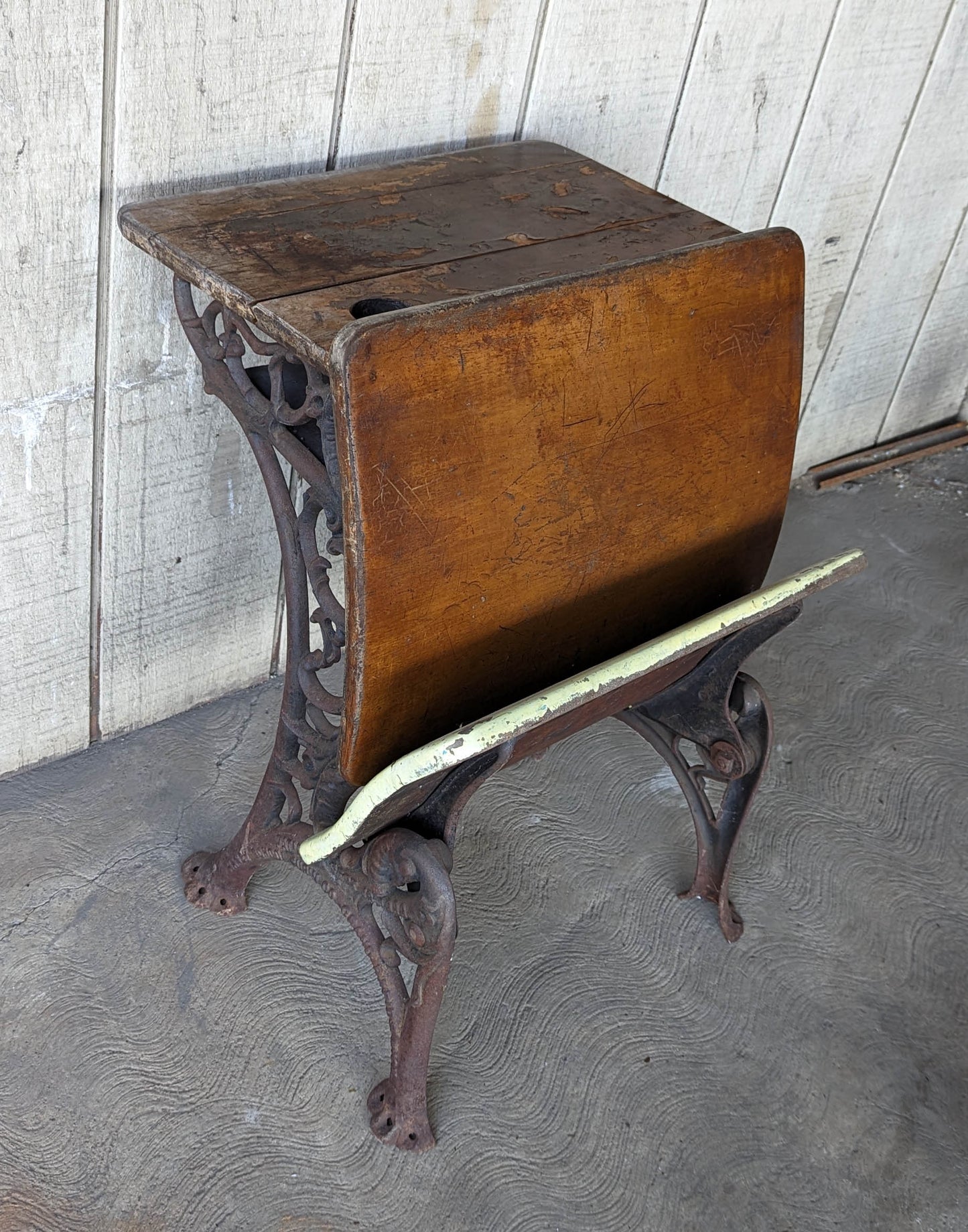 Antique "Haney School Furniture Co" Vintage Old Victorian Wood Wooden Ornate Cast Iron Legs Student Child Desk Side End Table Foldable Seat