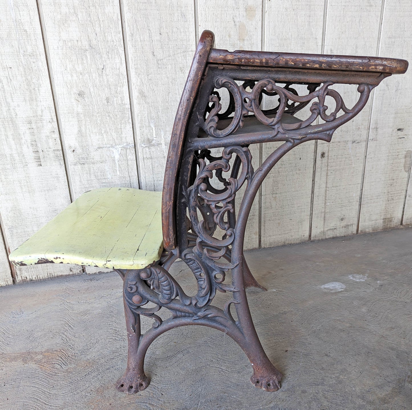 Antique "Haney School Furniture Co" Vintage Old Victorian Wood Wooden Ornate Cast Iron Legs Student Child Desk Side End Table Foldable Seat
