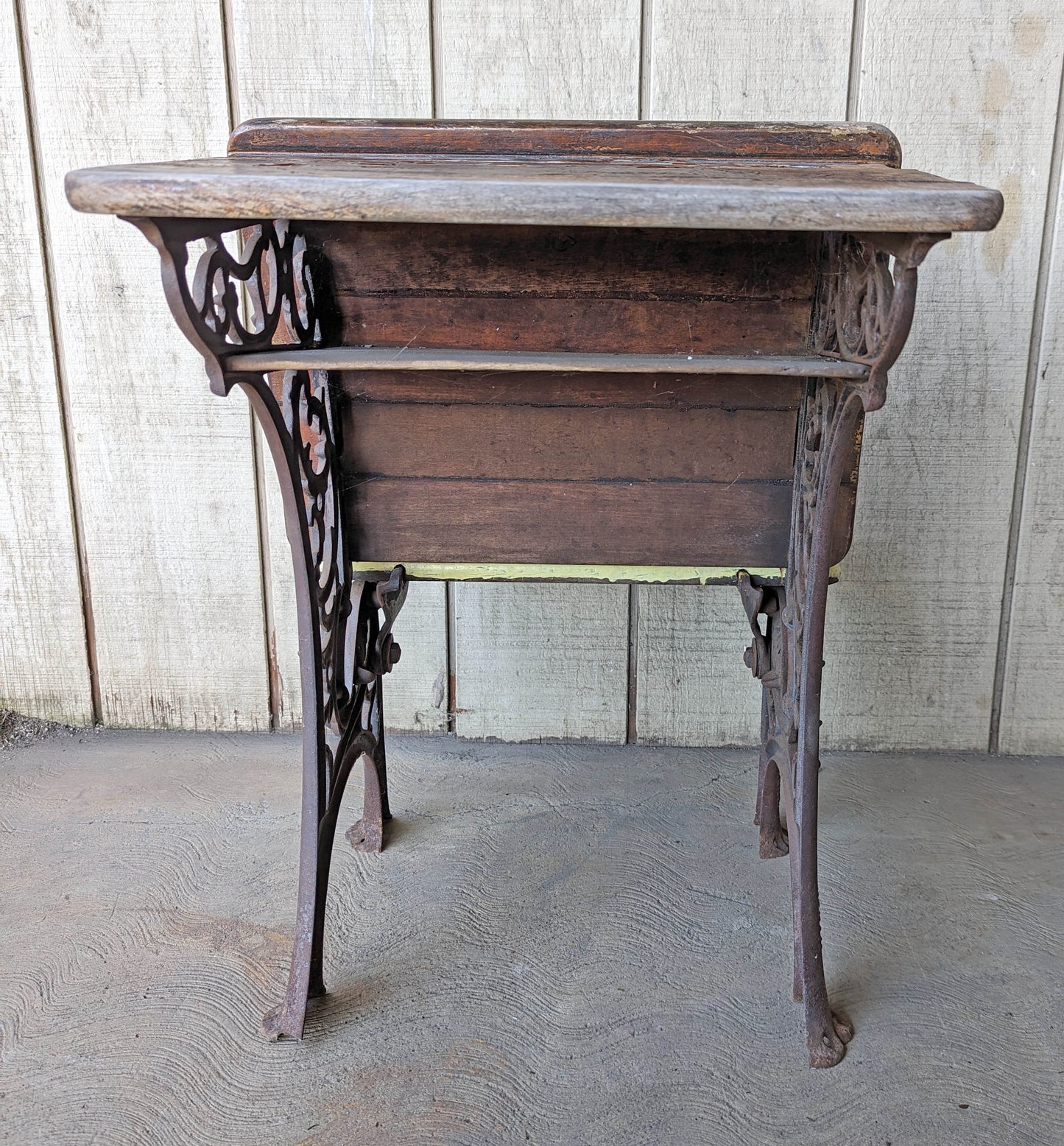Antique "Haney School Furniture Co" Vintage Old Victorian Wood Wooden Ornate Cast Iron Legs Student Child Desk Side End Table Foldable Seat