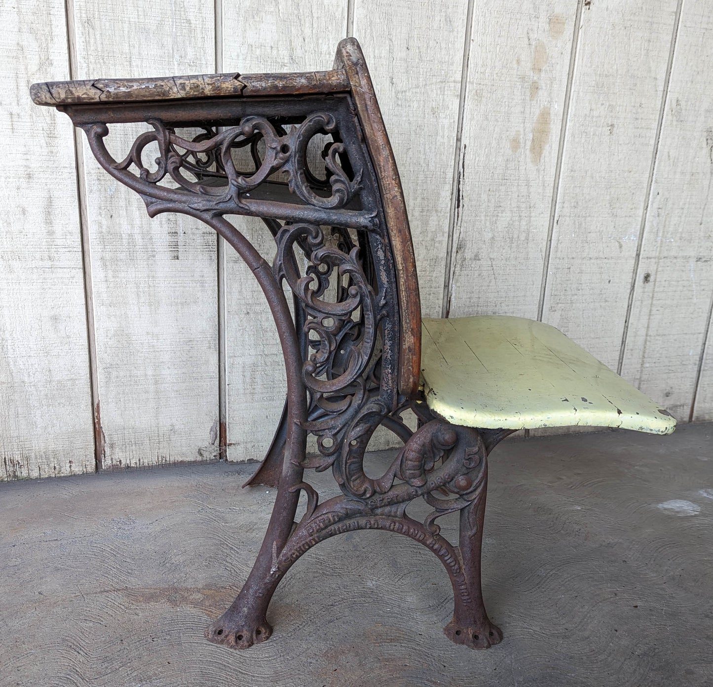 Antique "Haney School Furniture Co" Vintage Old Victorian Wood Wooden Ornate Cast Iron Legs Student Child Desk Side End Table Foldable Seat