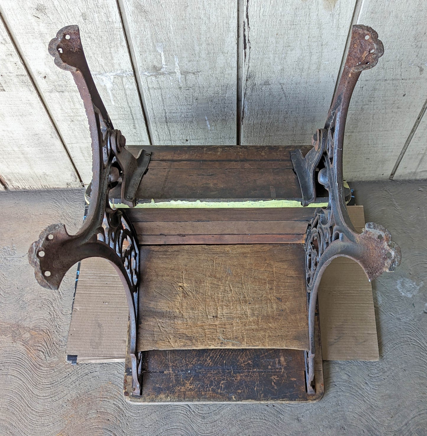 Antique "Haney School Furniture Co" Vintage Old Victorian Wood Wooden Ornate Cast Iron Legs Student Child Desk Side End Table Foldable Seat