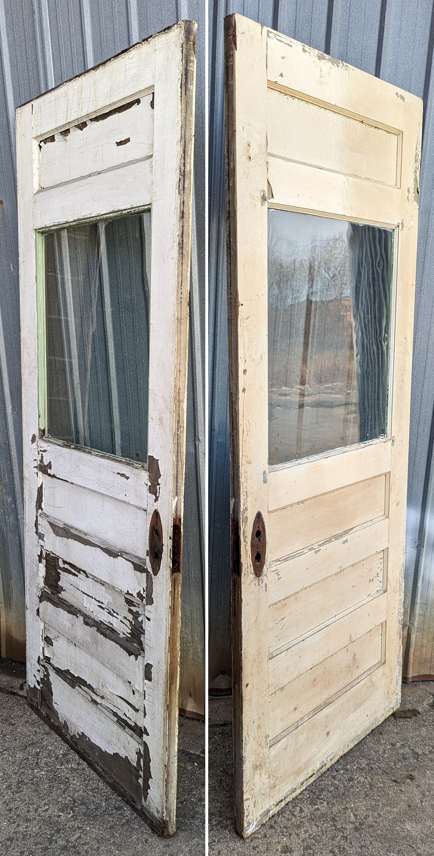32"x80" Antique Vintage Old Salvaged Reclaimed SOLID Wood Wooden Entry Door 4 Panels Glass